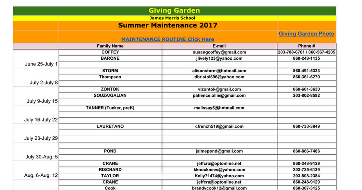 Giving Garden 2017 Summer Schedule