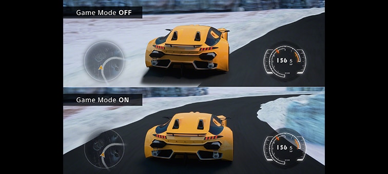 Split screen image of yellow sports car in a racing game showing more responsive gameplay with ALLM