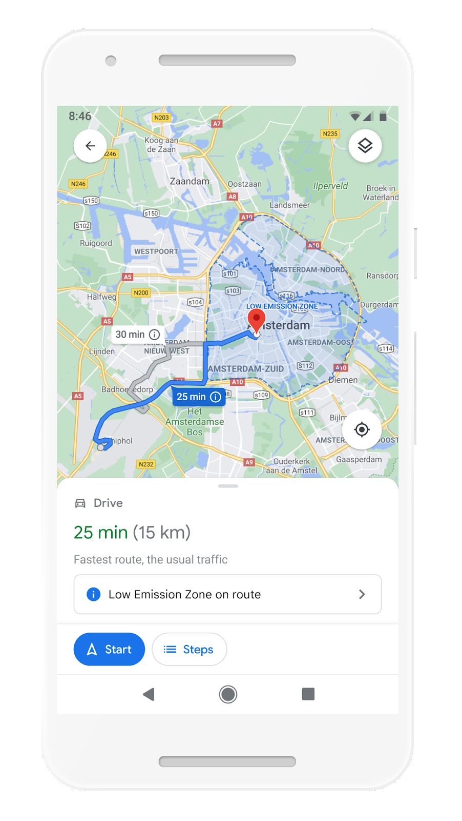 une capture d'écran de Google Maps sur un téléphone, indiquant si un véhicule est autorisé dans une zone spécifique