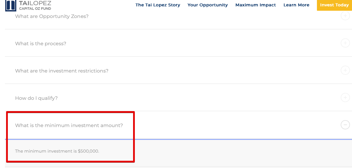 Tai Lopez Capital (Tai Lopez Capital OZ Fund) has a massive minimum investment of $500,000