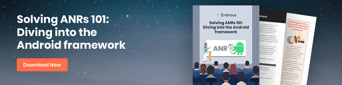 A banner image highlights a new ebook titled "Solving ANRs 101: Diving into the Android framework." The banner includes a download now button with a link to download the ebook.