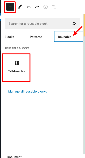 Block inserter > Reusable > Call to action reusable block displayed