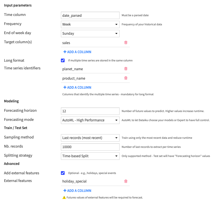 forecast plugin input parameters