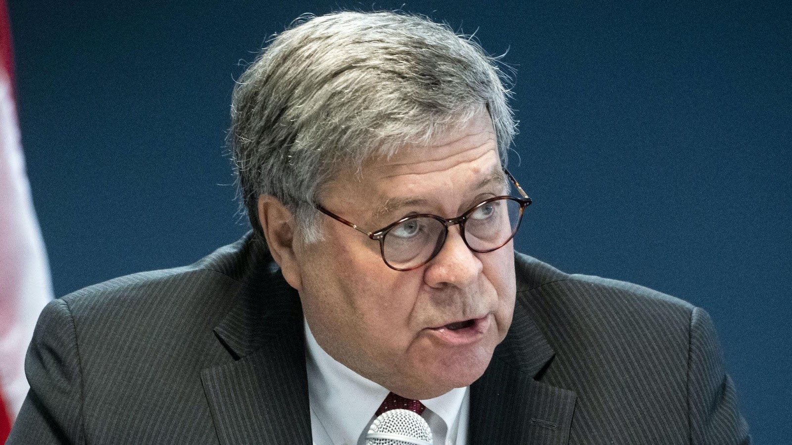 William Barr, U.S. attorney general, speaks during a roundtable discussion with federal, state, and local officials, not pictured, at the U.S. Attorney's Office in Atlanta, Georgia, U.S., on Monday, Sept. 21, 2020. Barr said the federal government is awarding more than $100 million in grants to target human trafficking. The money will go to task forces combatting human trafficking, to victim services and victim housing, reports the Associated Press.