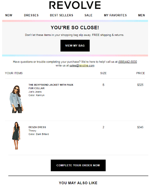 Revolve abandoned shopping cart email example