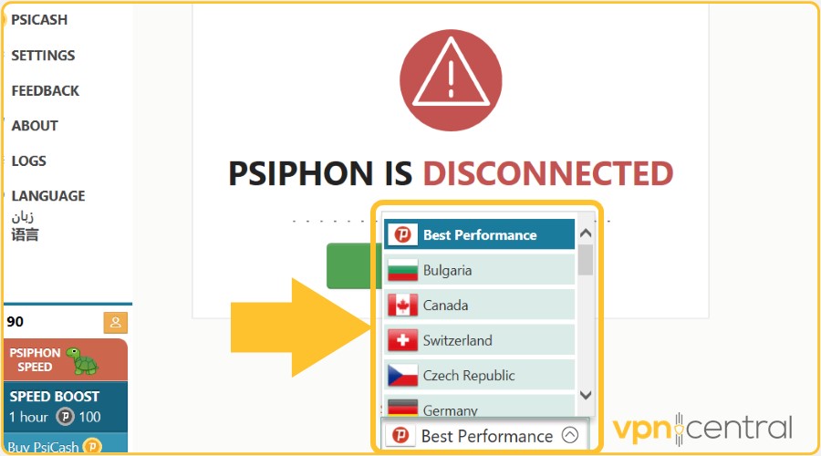 psiphon server locations for best performance