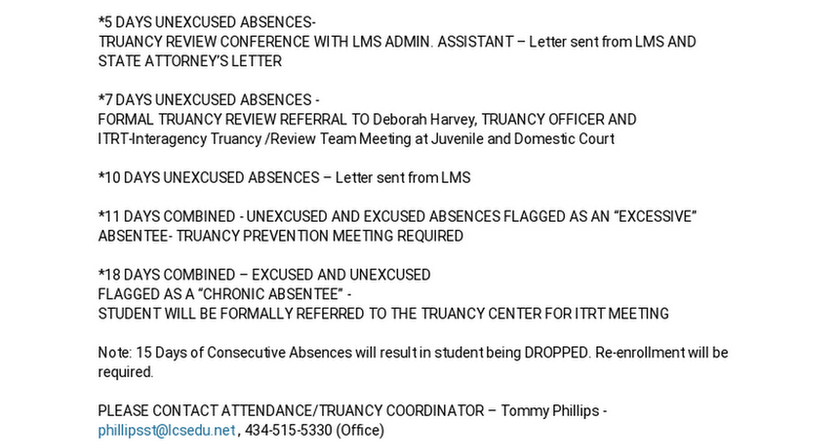 TRUANCY/ATTENDANCE Policy AT LMS - SY 2018-2019