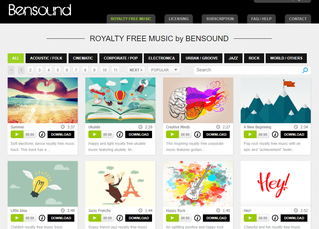 Screenshot depicting Bensound's music categories