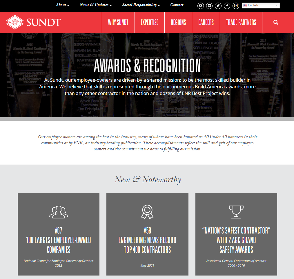 screenshot of awards and recognition page for Sundt