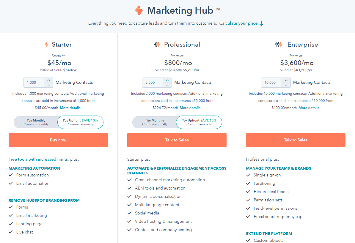HubSpot’s pricing depends on how many contacts you’re servicing and which plan you’re using.
