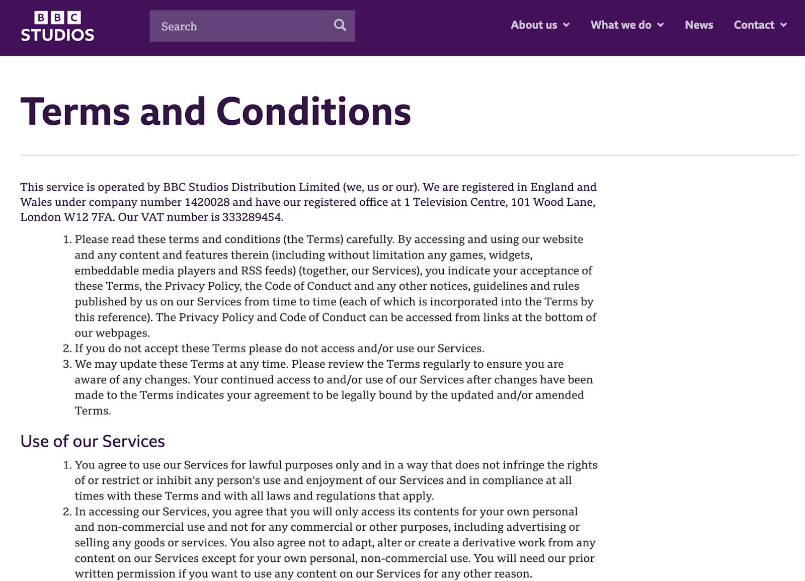 terms and conditions example for BBC