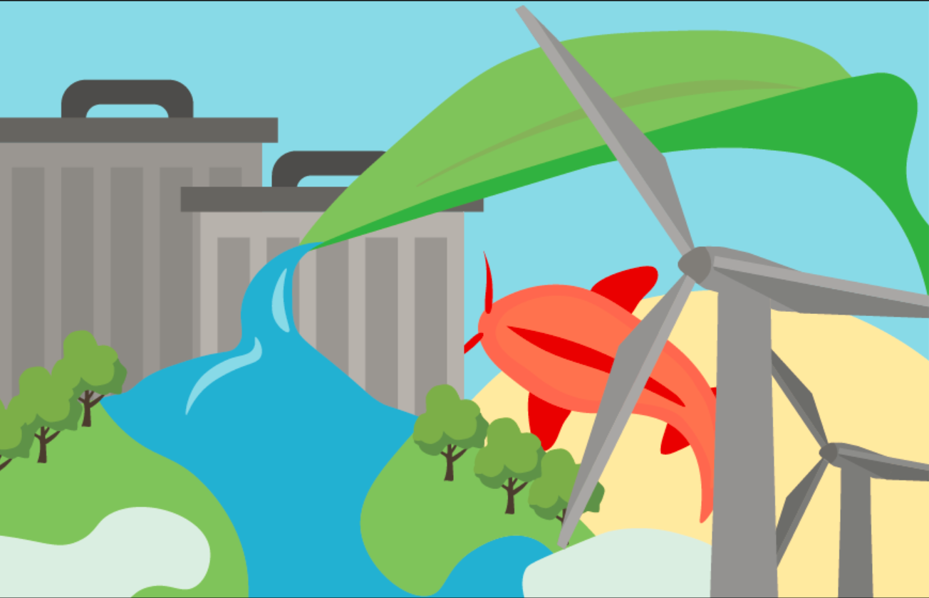 Abstrakt illustrasjon av ulike klimaviktige elementer som, vindmøller, søppelbøtter, skog og rennende vann.