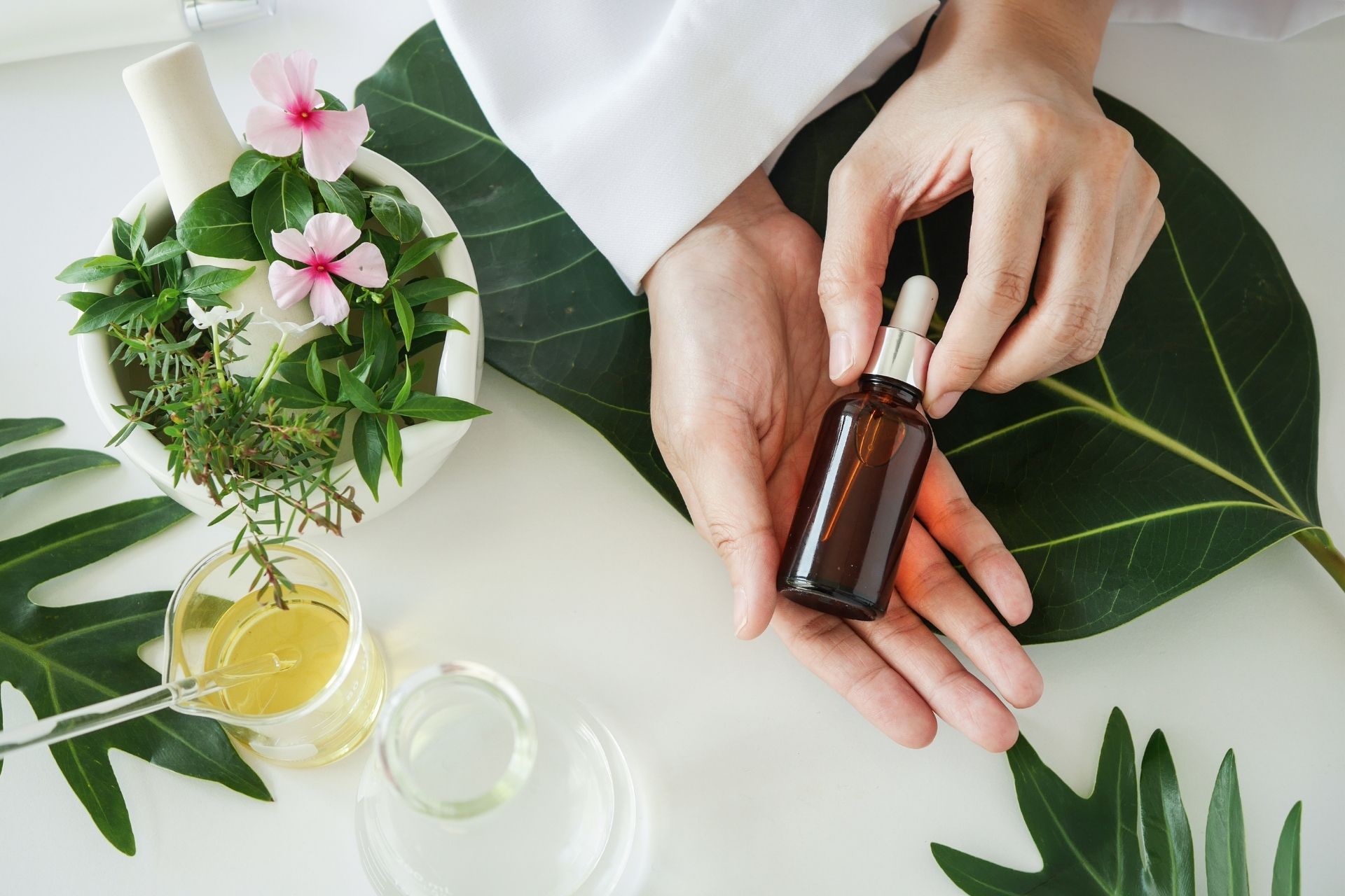 A dermatologist holding a medical grade skincare serum surrounded by foliage