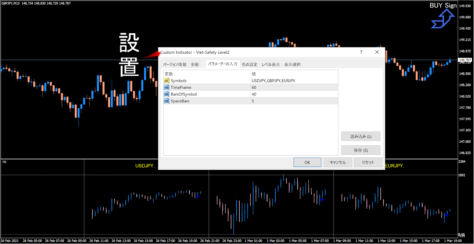 ・ し 5 [ ( AD ” M L2725 当 L274 ー 7 L27259 L274 ー 7 
BUY Sign 
1.2 50 
12 間 55 
CustomIndicator-Viet-SafetyLeve11 
バ ラ メ - タ - の 入 力 
バ - ジ ョ ン 情 報 全 般 
色 の 設 定 し ベ ル 表 示 表 示 選 択 
ル 又 
変 数 
USDJPY,GBPUSD 
TimeFram 
1 0 
126275 
ー BarsOfSymboI 
ー 司 Space3ars 
t25 5 
t25690 
読 み 込 み 仕 ) 
保 存 
125105 
キ ャ ン セ ル 
リ セ ッ ト 
1. 910 
門 5 
USDJPY 
GBPUSD 
当 3021 
当 Feb 間 : 1 5 