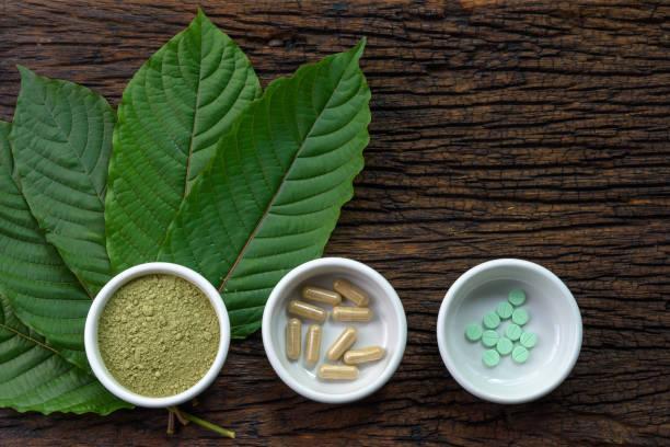 Mitragyna speciosa (kratom) leaves with medicine products in powder, capsules and tablet in white ceramic bowl with wooden texture on background  kratom stock pictures, royalty-free photos & images