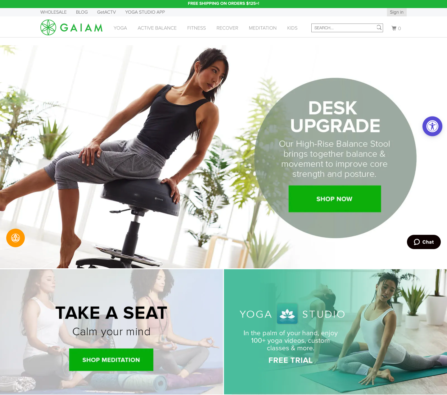 Mental Wellness Brands for World Mental Health Day–A screenshot of Gaiam’s homepage. There are 3 images of their different product and service collections including: desk upgrades, meditation products, and the Yoga Studio app. 