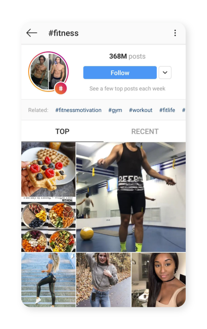 Screenshot of #fitness hashtag