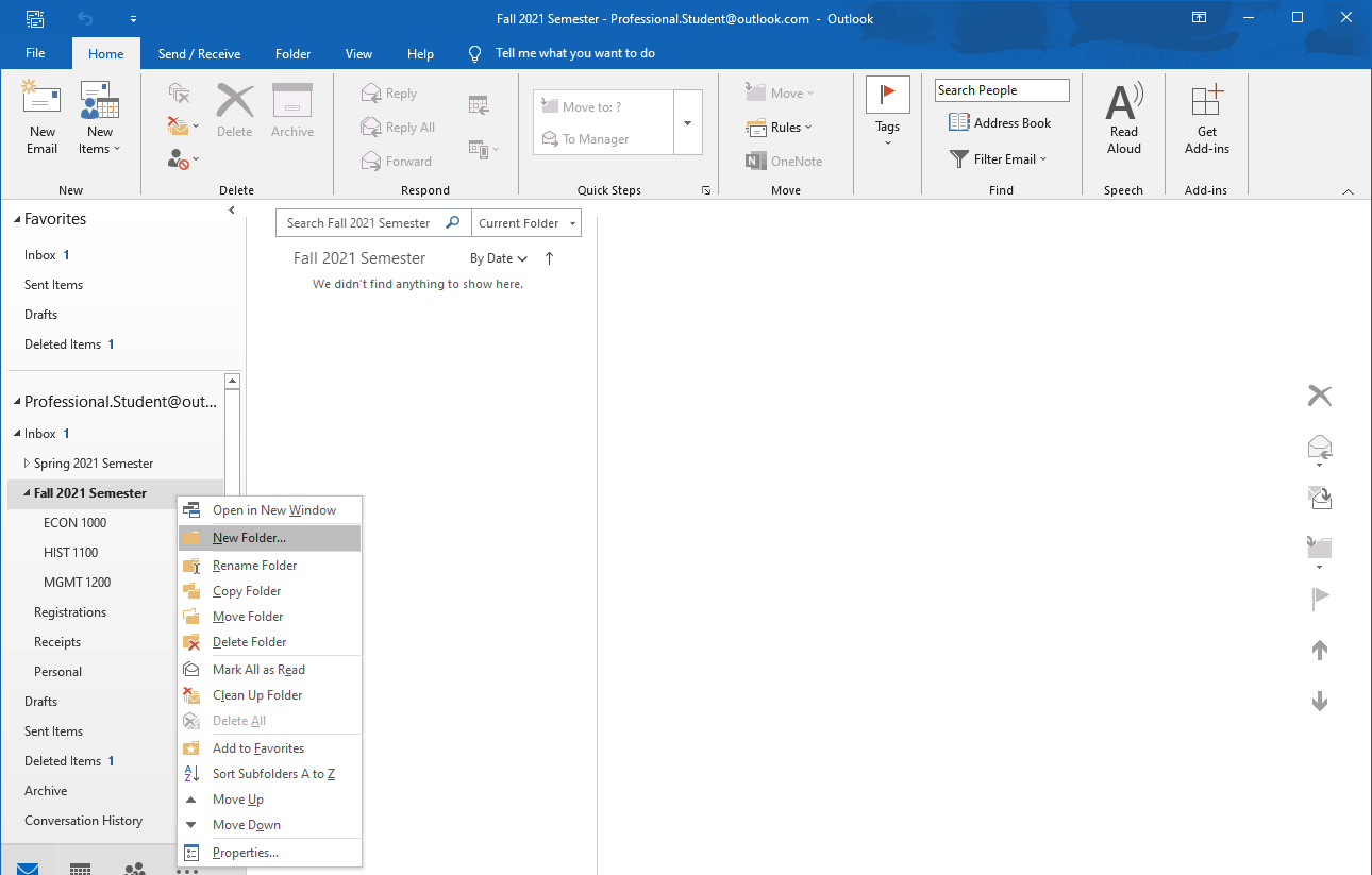 Screenshot of Outlook showing the menu that appears when you right click on a folder in the folder pane.