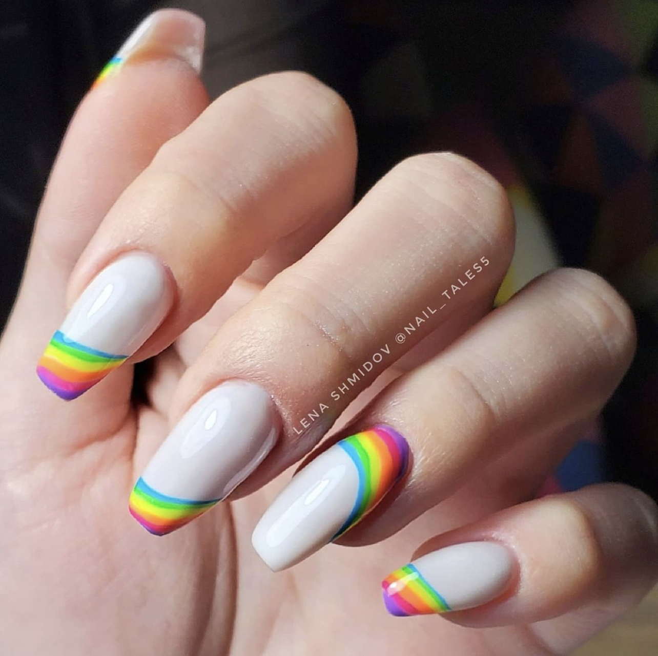 white nails with rainbows