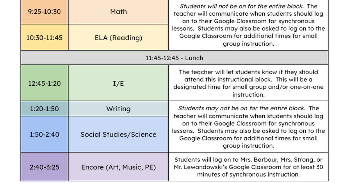 4th Grade Parent December Remote Learning Schedule 2020-21