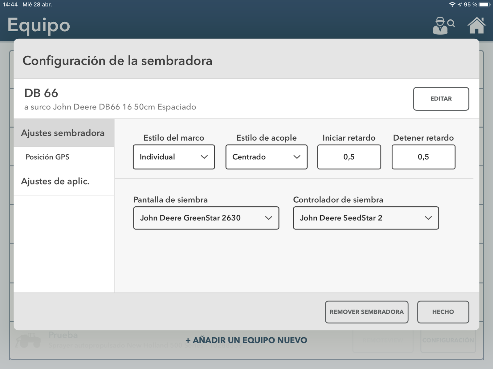 FieldView - Configuración de sembradora en interfaz agrícola