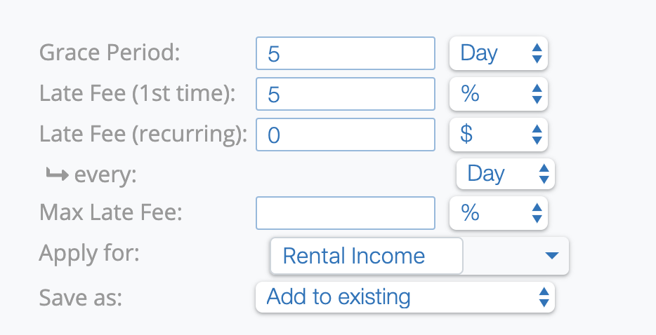 auto-late fees image: screenshot of RentRedi's auto-late fees calculator