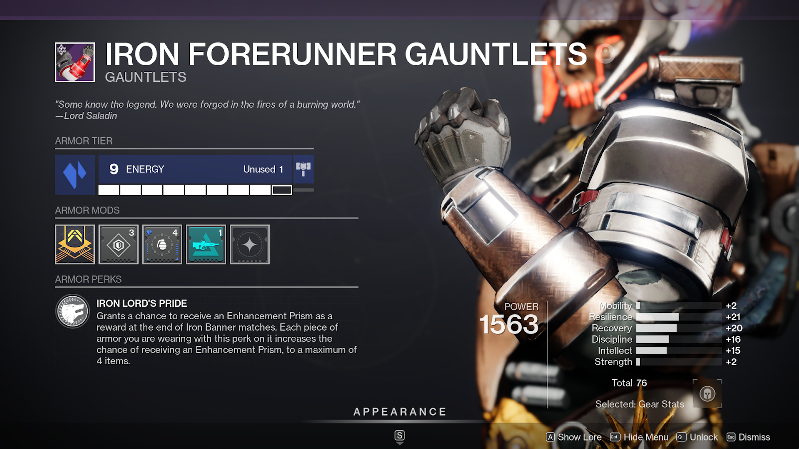 Screenshot of the game; the Iron Forerunner Gauntlets detail screen.