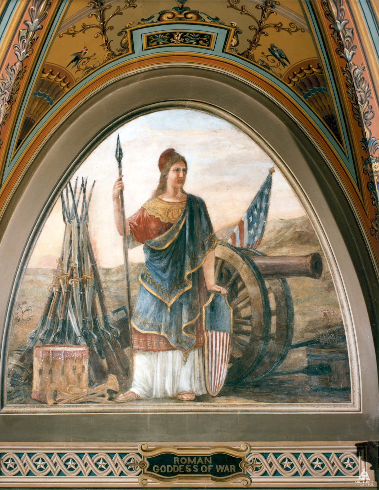 The "Architect of the Capitol" by Constantino Brumidi, located in the Senate wing of the U.S. Capitol, depicts the Roman goddess of war watching over the entrance to the Military Affairs Committee's chamber. 