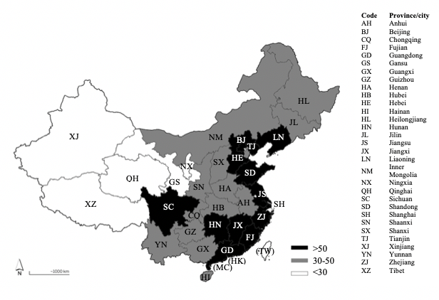 Figure 3: The cultural and its related industries’ performance map of Chinese provinces and cities in 2014 indicates the eastern region performing better than the western region.