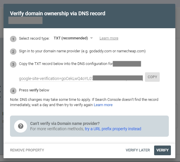 how to verify website on google search console with dns records