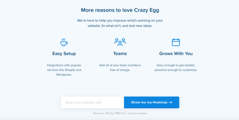 A screenshot of CrazyEgg's landing page emphasising their core benefits.