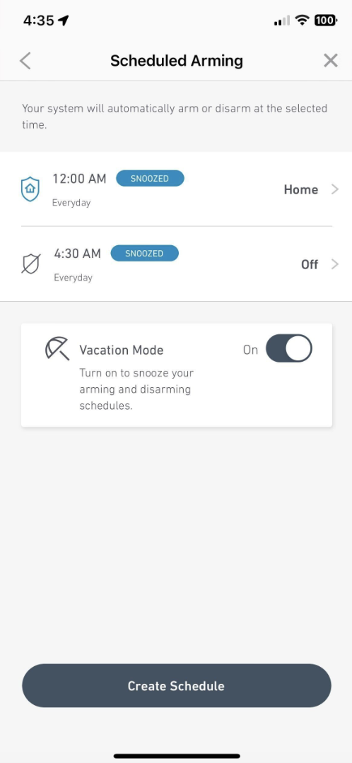 The Scheduled Arming section of the SimpliSafe® mobile app with Vacation Mode turned on