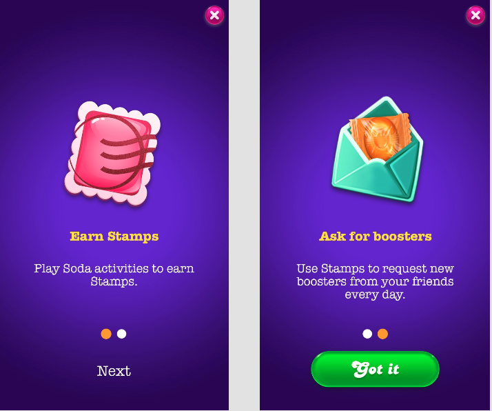 Two screenshots from the game. The one has a picture of a pink stamp and says: Earn Stamps. Play Soda activities to earn Stamps. The second screenshot shows a green envelope with a Wrapped Candy inside and the text: Ask for boosters. Use Stamps to request new boosters from your friends every day