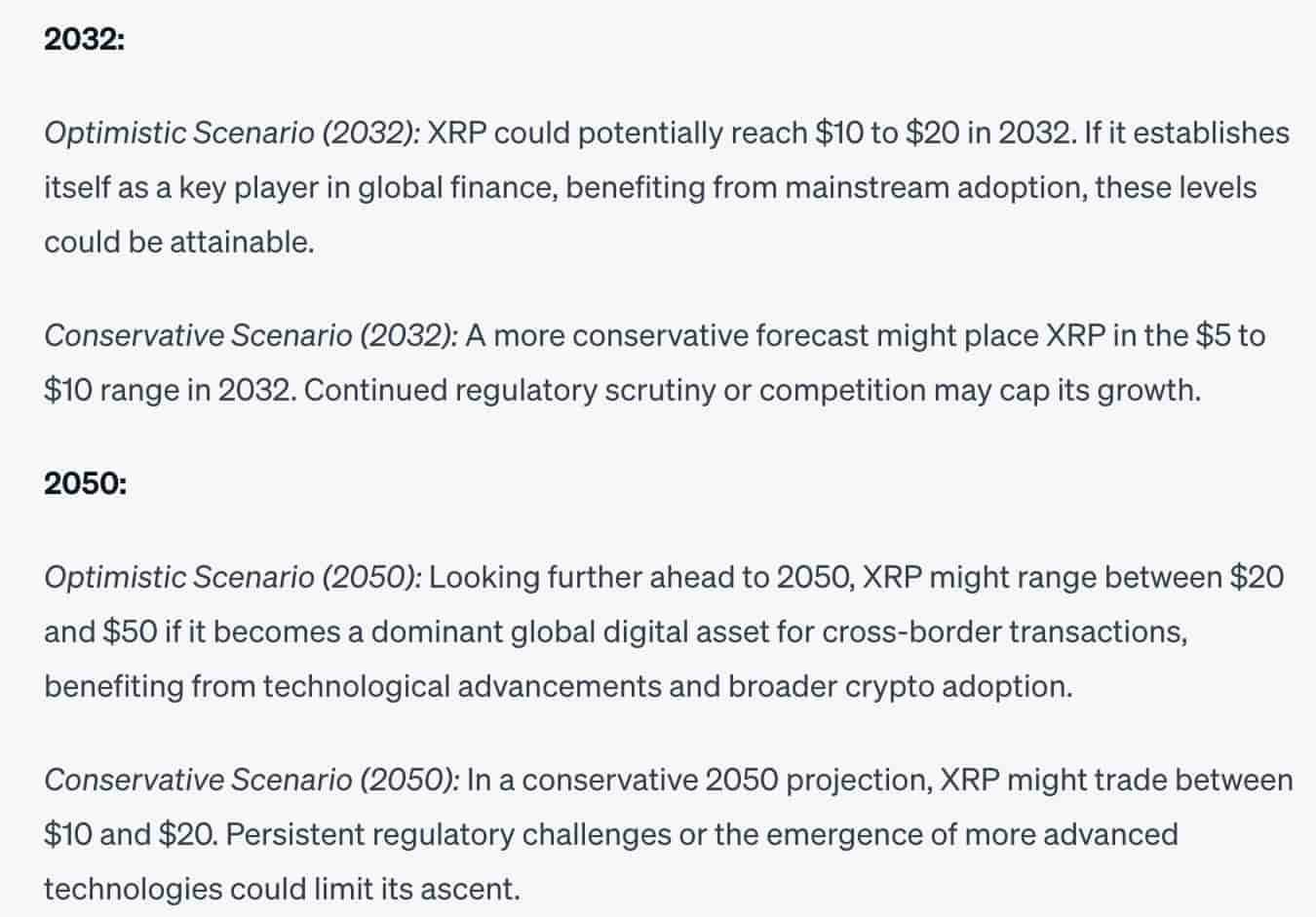 ChatGPT'nin 2032 ve 2050 için iyimser ve ihtiyatlı fiyat tahminleri. Kaynak: ChatGPT