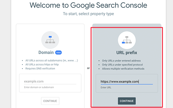 Domain name or URL prefix  for Google Saerch Console