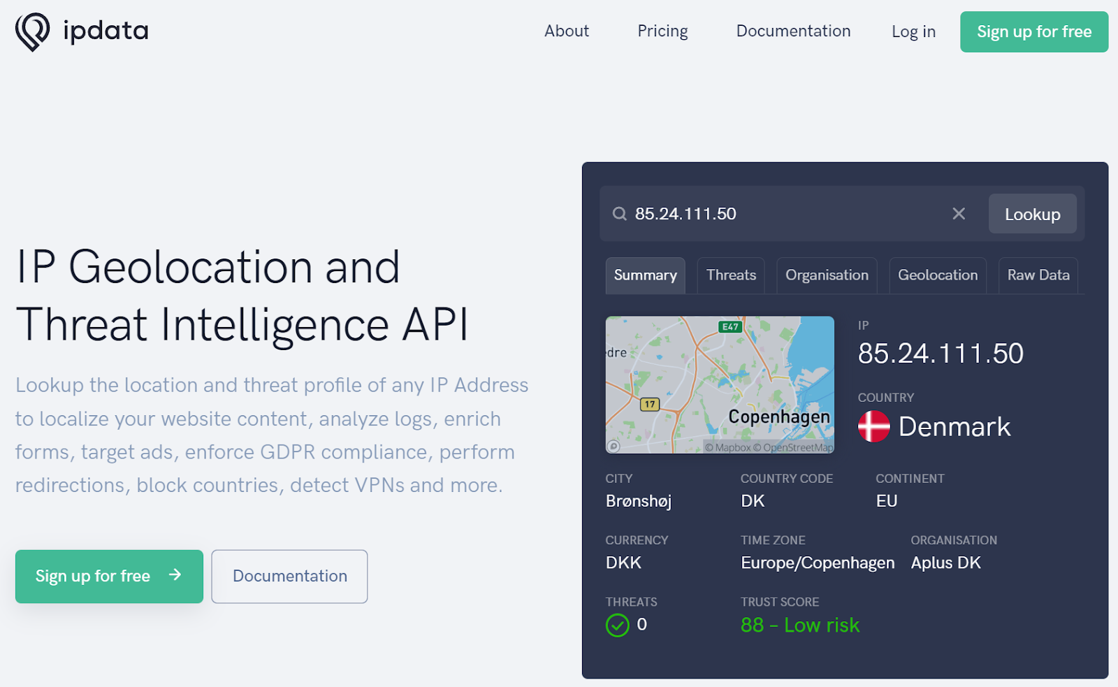 home page of the ipdata ip geolocation api