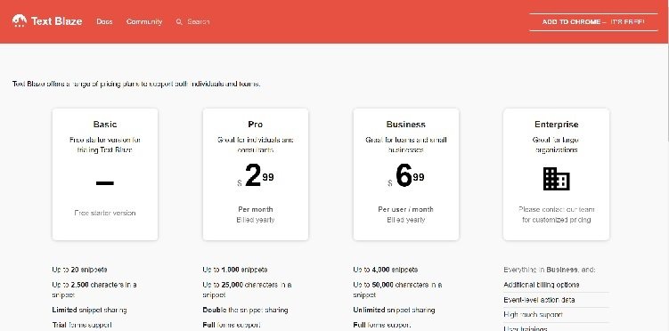 Text Blaze Pricing Page