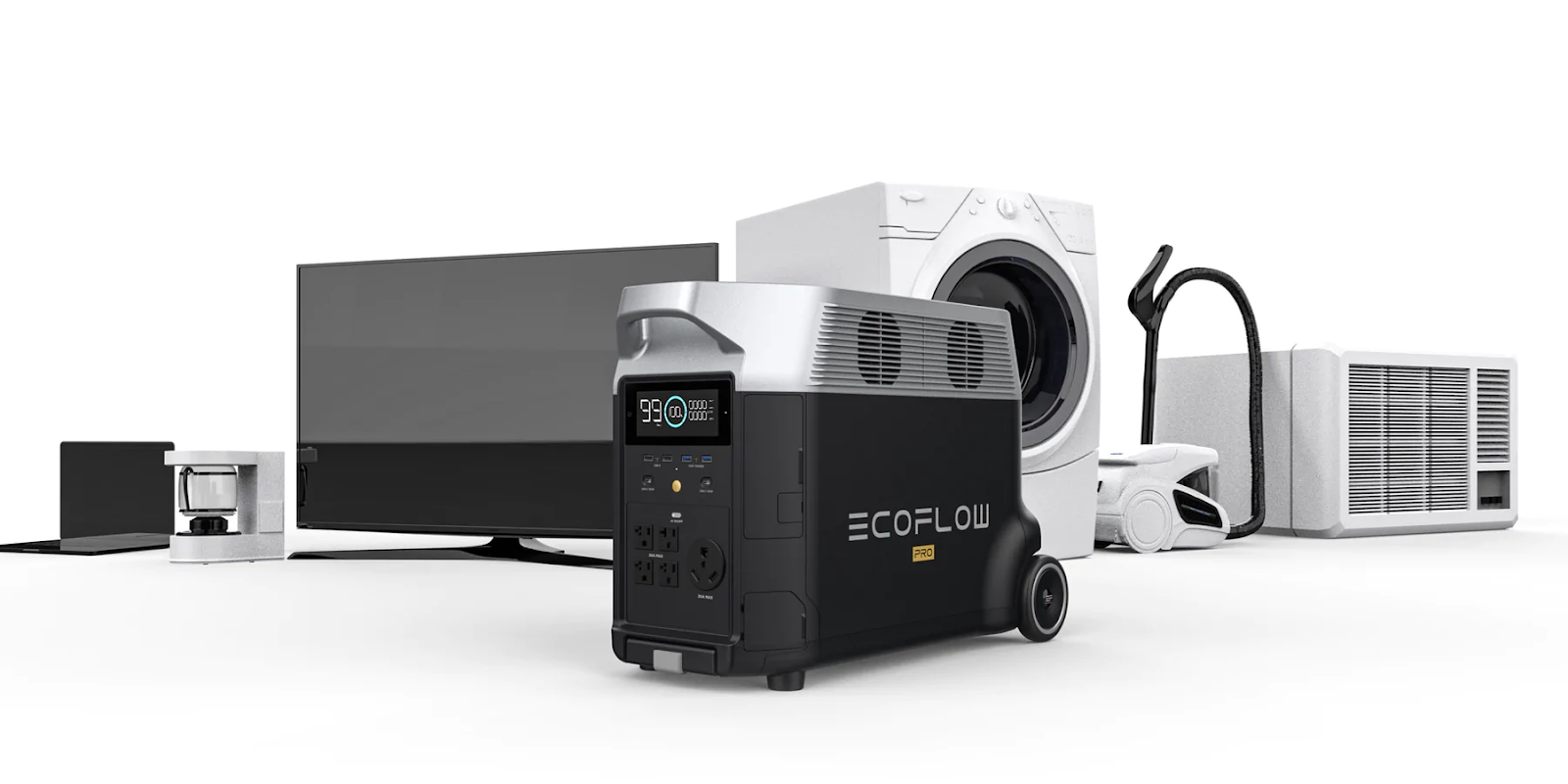 An EcoFlow DELTA Pro sitting in front of an assortment of appliances, including laptop, coffee machine, television, AC unit, and more. 