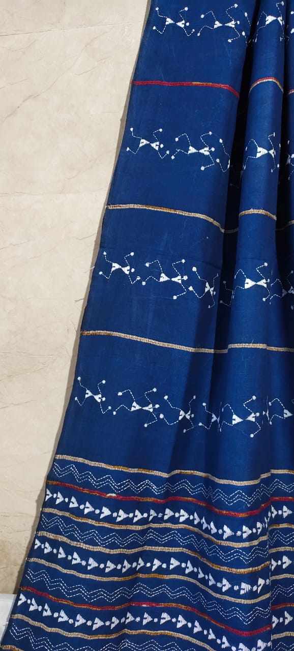 Pure Khadi Cotton Full Body Hand Kantha Stitch Saree