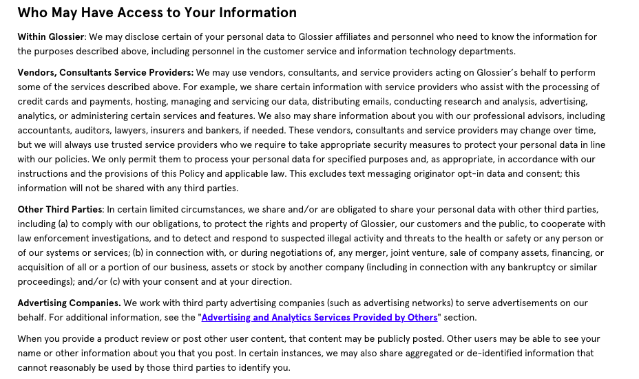 Glossier privacy policy - access to information