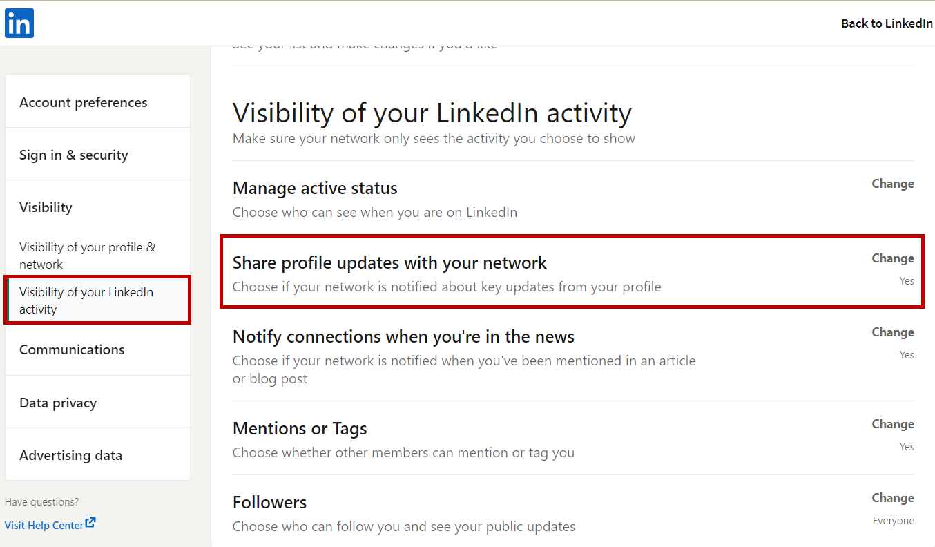 Tap 'Share profile updates with your network'