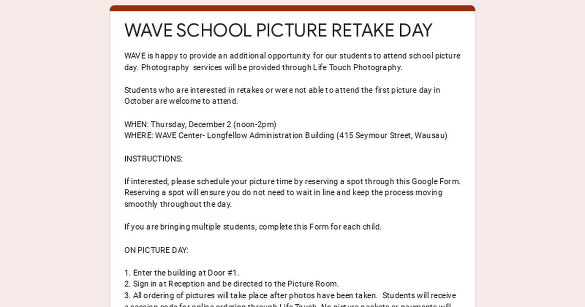 WAVE SCHOOL PICTURE RETAKE DAY
