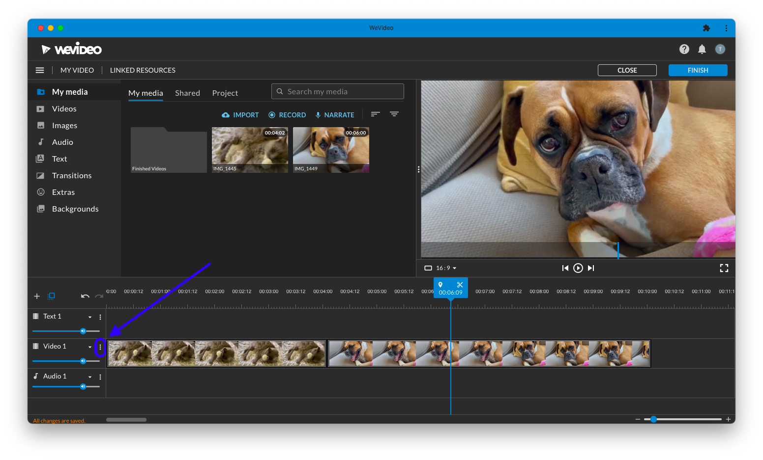Three horizontal dots highlighted in the WeVideo timeline.