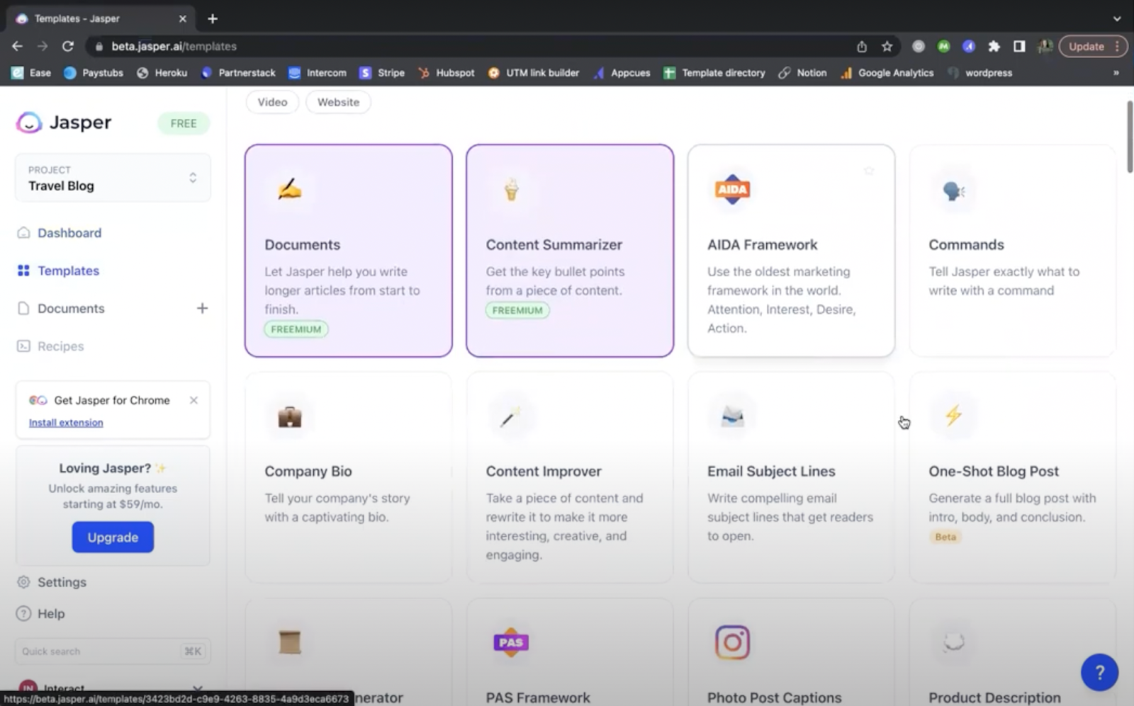 Screenshot image of Jasper AI's home dashboard with different options in creating content. This step chooses "Documents" and "Content Summarizer"