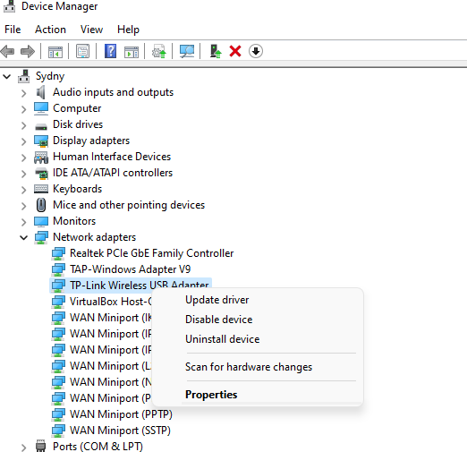 device manager - network adapters