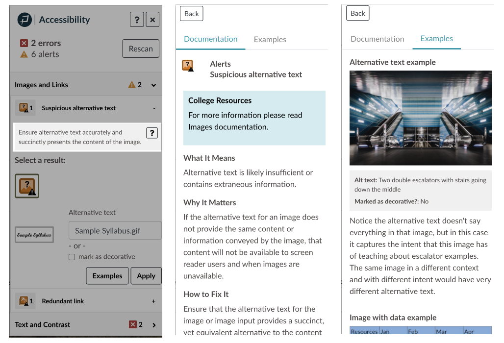 The Accessibility Guide provides action blubs, documentation on what issues are, why they matter, and how to fix them, and provide examples. 