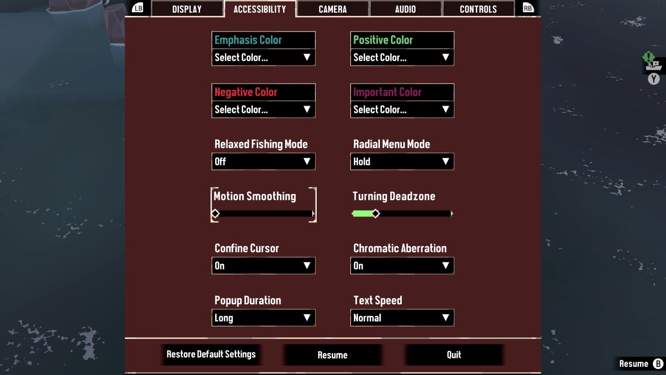 Image shows a dark red menu screen. There are options for Emphasis Colour, Positive Colour, Negative colour, Important Colour, Relaxed Fishing Mode, Radial Menu Mode, Motion Smoothing, Turning Deadzone, Confine Cursor, Chromatic Aberration, Popup Duration, and Text Speed.