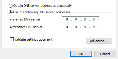Modification des adresses des serveurs DNS sous Windows.