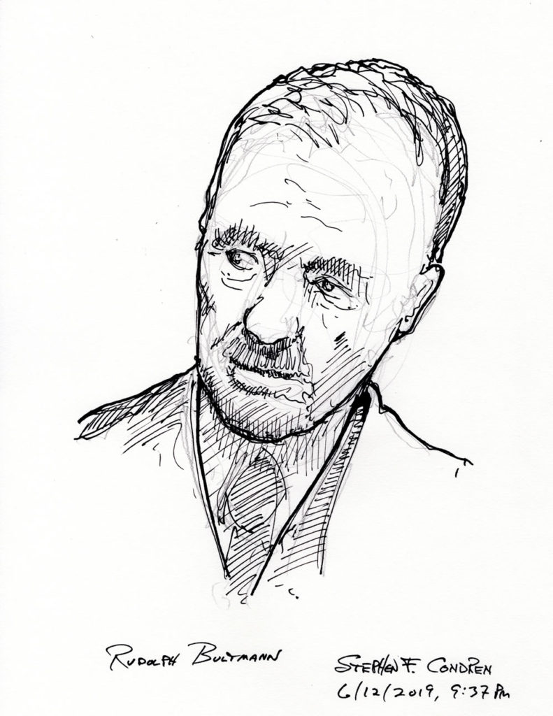 Pen & ink drawing of Theologian Rudolph Bultmann.