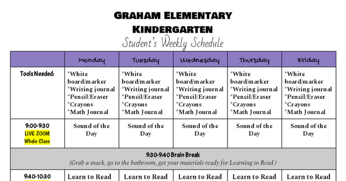 Graham Elementary Updated Student Schedule